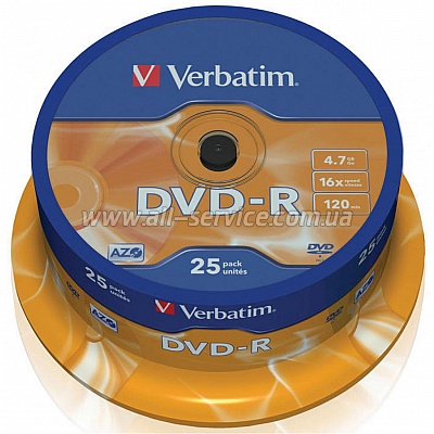  Verbatim DVD+R 4.7 GB/120 min 16x Cake Box 25 (43522)