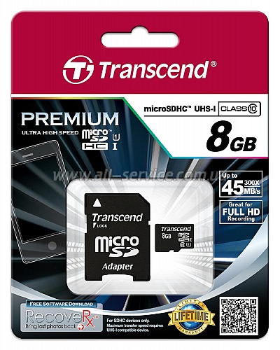   8GB Transcend MicroSDHC UHS-I Class 10 + SD  (TS8GUSDU1)