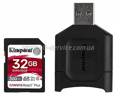   Kingston SDHC 32GB Canvas React Plus Class 10 UHS-II U3 V90 + USB- (MLPR2/32GB)