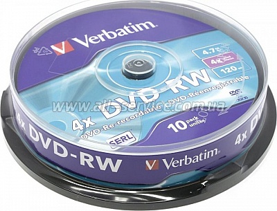  Verbatim DVD-RW 4.7 GB/120 min 4x Cake Box 10 (43552)