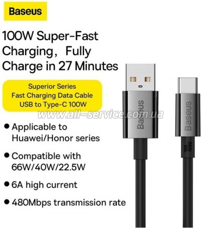 ���� ������ USB 2.0 AM to USB-C 2.0m Superior Fast Charging 100W cluster black Baseus (P10320102114-02)