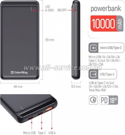 ������� ������������� ColorWay 10000mAh Slim PD 18W Black (CW-PB100LPG3BK-PD)