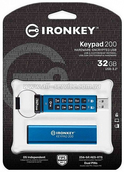  Kingston 32GB IronKey Keypad 200 AES-256 Encrypted Blue USB 3.2 (IKKP200/32GB)