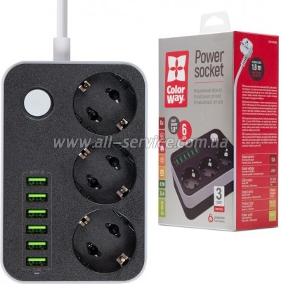 ������� ������ �olorWay 3 �������/ 6USB Black 1.8M (CW-CHE36B)