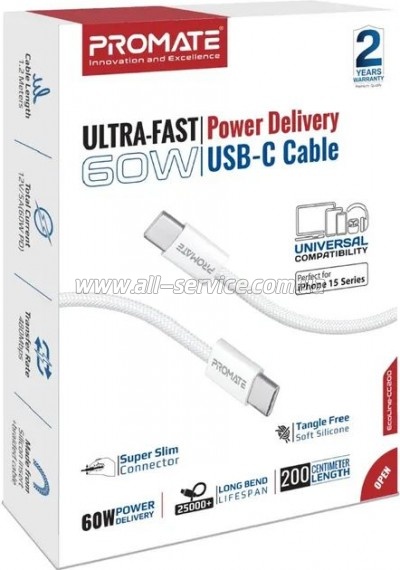 ���� ������ USB-C to USB-C 2.0m 60W PD EcoLine-CC200 white Promate (ecoline-cc200.white)