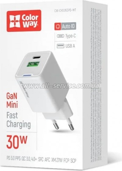 �������� ������� ColorWay GaN Mini 30W PD white (CW-CHS053PD-WT)