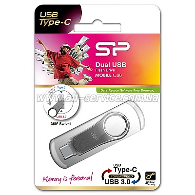  Silicon Power 128 GB DriveMobile C80 USB 3.1 + Type-C Silver (SP128GBUC3C80V1S)