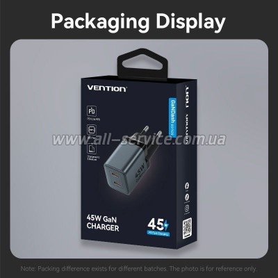 �������� ������� Vention 2xUSB-C PD45W GaN gray (FCDH0-EU)