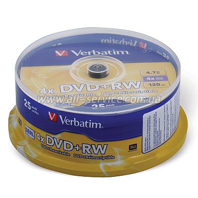  Verbatim DVD+RW 4.7 GB/120 min 4x Cake Box 25 (43489)