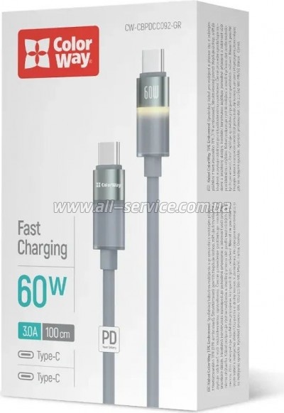 ���� ������ USB-C to USB-C 1.0m 3A 60W warm light gray ColorWay (CW-CBPDCC092-GR)