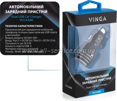 �������� ������� Vinga Dual USB Car 15.5W Max (VCCAABK)