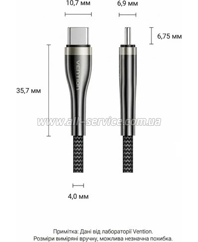 ���� ������ USB-C to USB-C 2.0m 5A nylon braided black Vention (CTYBH)