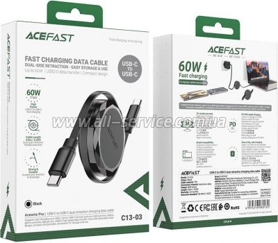 ���� ������ USB-C to USB-C 0.8m 60W dual retraction C13-03 Black Acefast (6974316280132)