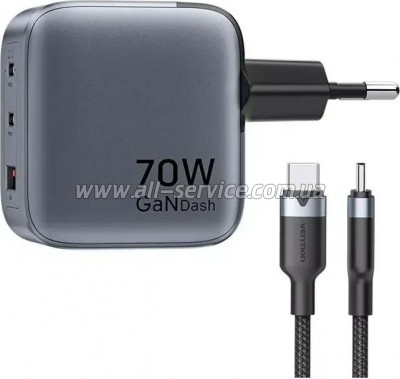 �������� ������� Vention 2xUSB-C PD70W + 1xUSB QC3.0 22.5W GaN + cable USB-C to USB-C 1.0m black gray (TZ-FEXH0-EU)