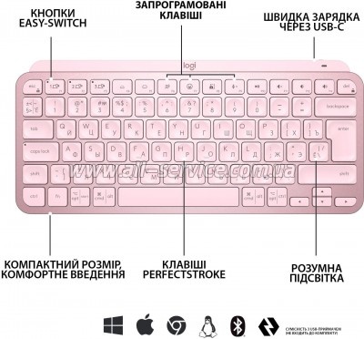  Logitech MX Keys Mini Wireless Illuminated UA Rose (920-010500)
