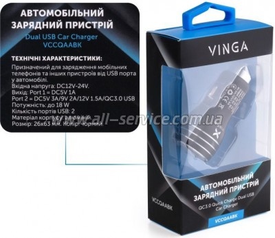   Vinga QC3 Quick Dual USB Car aluminium (VCCQAABK)
