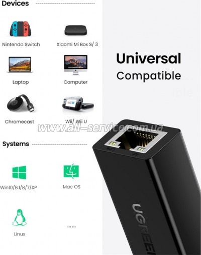 ������� USB 2.0 AM to RJ45 Ethernet 100Mbps CR110 Ugreen (20254)