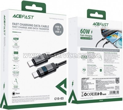 ���� ������ USB-C to USB-C 1.2m 60W digital display C15-03 Black Acefast (6974316283720)