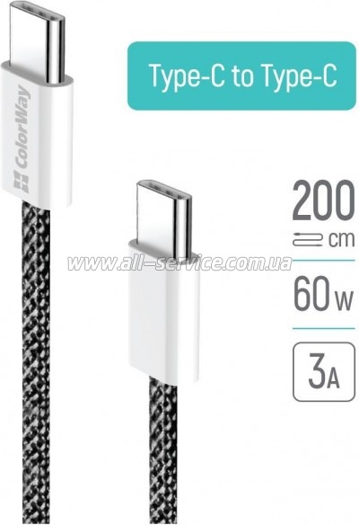 ���� ������ ColorWay USB-C to USB-C 2.0m PD Fast Charging 60W 3.0� black (CW-CBPDCC068-BK)