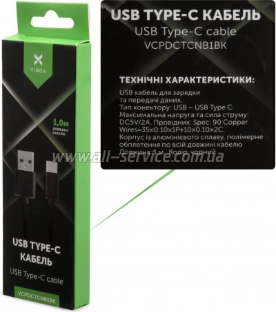 ���� ������ USB 2.0 AM to Type-C 1m nylon black Vinga (VCPDCTCNB1BK)