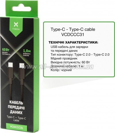 ���� ������ USB-C to USB-C 1.0m 60W PVC Vinga (VCDCCC31)