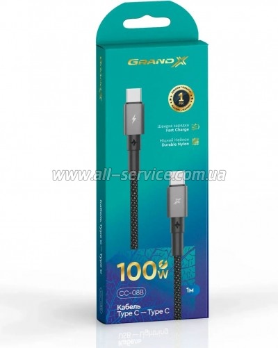 ���� ������ USB-C to USB-C 1.0m 100W black Grand-X (CC-08B)