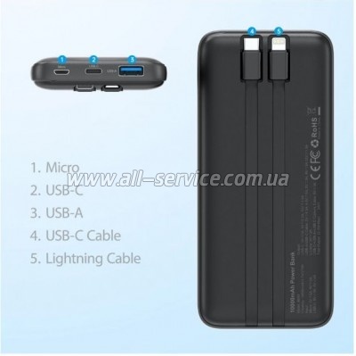   Choetech 10000mAh 22,5W, MicroUSB, USB-A, USB-C, build-in USB-C/Lightning cable (B654-BK)