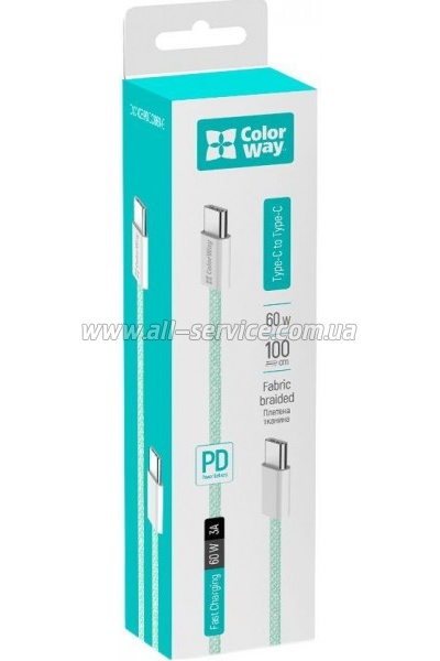 ���� ������ ColorWay USB-C to USB-C 1.0m 60W 3.0� green (CW-CBPDCC061-G)