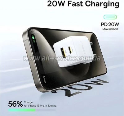 �������� ������� Baseus 1xUSB-C 20W + 1xUSB white + cable USB-C to USB-C 60W 1.0m (P10111608213-01)