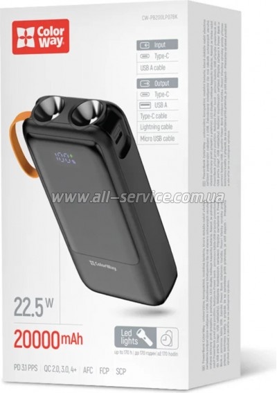 ������� ������������� ColorWay 20000mAh PowerHub PD 22.5W Black (CW-PB200LP07BK)
