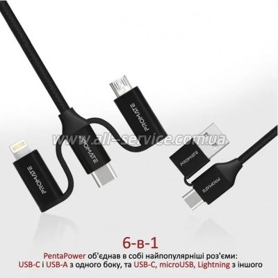 ���� ������ USB 2.0 AM to Lightning + Micro 5P + USB-C black Promate (pentapower.black)