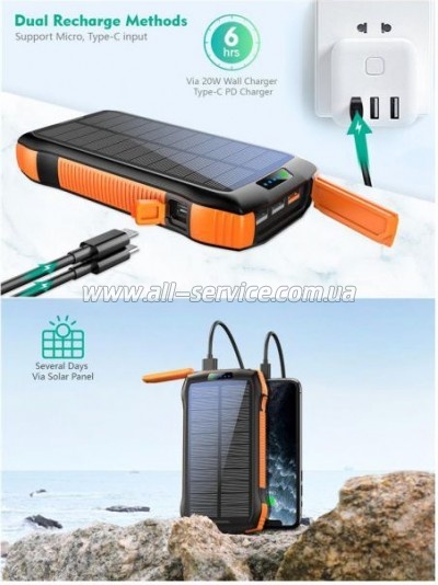   Choetech Wireless 20000mAh 20W, PD, QC/3.0, solar panel, Qi-5W, Black-Orange (B657-OR)