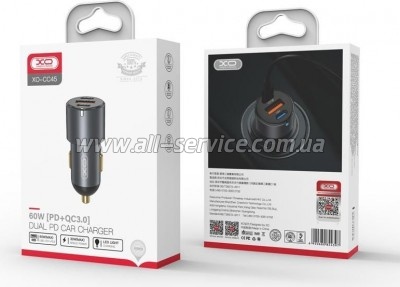 �������� ������� XO CC45 1 USB QC 3.0 + 2 Type-C PD 60W Black (XO-CC45-BK)