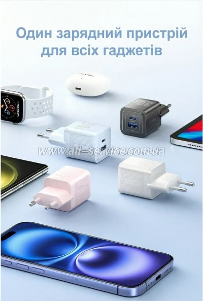 �������� ������� Vention 1xUSB-C PD30W + 1xUSB QC3.0 30W GaN white (FEQW0-EU)