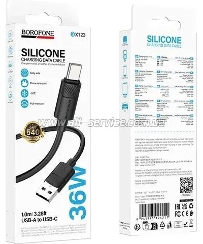 ���� ������ USB 2.0 AM to USB-C 1.0m silicone BX123 Leya black BOROFONE (6941991124211)