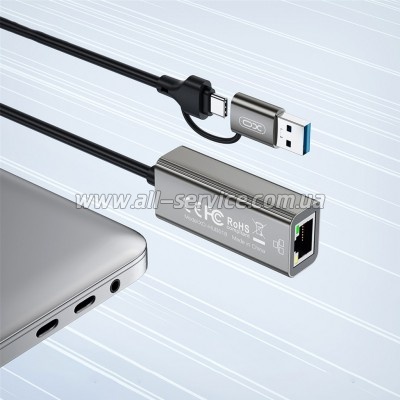 ������� USB-C + USB A to RJ45 Ethernet 100Mbps XO (HUB018.black)