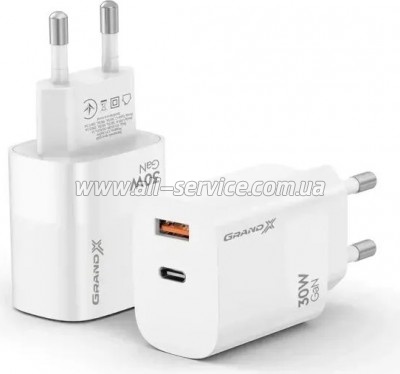 �������� ������� Grand-X GaN 1xUSB-C + 1xUSB QC3.0 36W white (CH-360W)