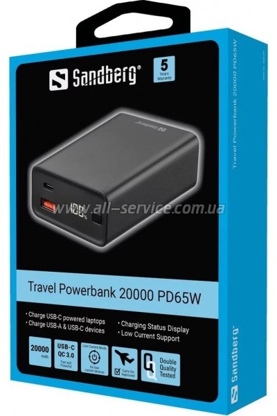   Sandberg 20000mAh, PD/65W, QC/3.0, low carrent mode, +cable 100W (420-95)