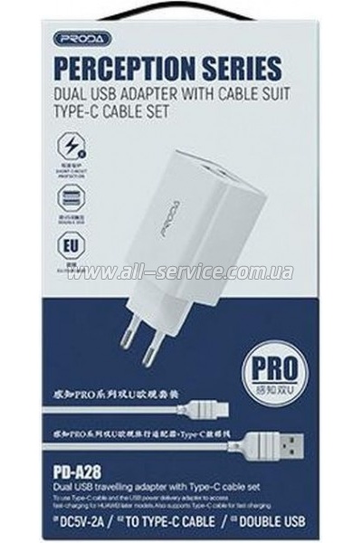 �������� ������� Proda PD-A28i 2�USB 2.4A + USB Ligthtning 1.0m (PD-A28i-WH)