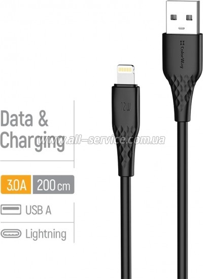 ���� ������ USB 2.0 AM to Lightning 2.0m 3A textured PVC black ColorWay (CW-CBUL095-BK)
