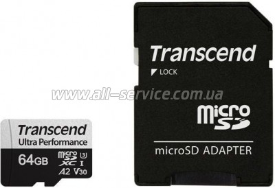   64GB Transcend microSDXC UHS-I U3 V30 A2 + SD  (TS64GUSD340S)