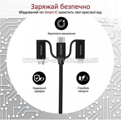 ���� ������ USB 2.0 AM to Lightning + Micro 5P + USB-C black Promate (pentapower.black)