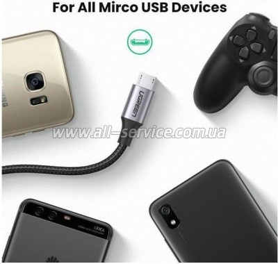 ���� ������ USB 2.0 AM to Micro 5P 2.0m US290 Aluminum Braid Black Ugreen (60148)