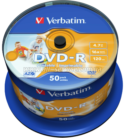 ���� Verbatim DVD-R 4.7Gb 16X CakeBox 50�� AZO Wide Inkjet Printable (43533)