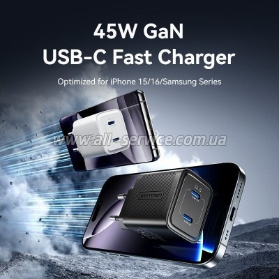�������� ������� Vention 2xUSB-C PD45W GaN white (FCFW0-EU)