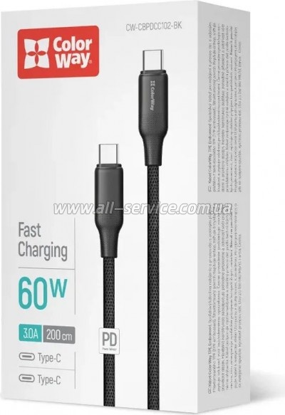 ���� ������ USB-C to USB-C 2.0m 3A 60W TPE embossed black ColorWay (CW-CBPDCC102-BK)