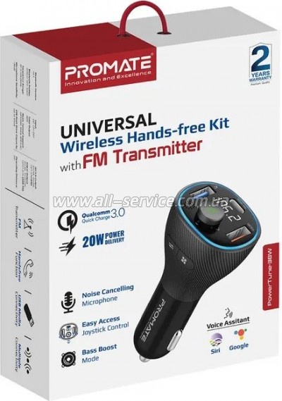 FM  Promate PowerTune 38w USB-A OTG/USB-A QC3.0/USB-C PD Black (powertune-38w.black)