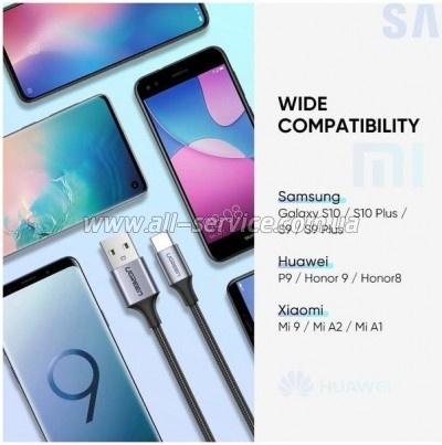 ���� ������ USB 2.0 AM to USB-C 2.0m US288 Aluminum Braid Black Ugreen (60128)