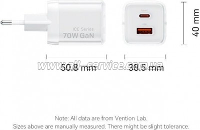 �������� ������� Vention 1xUSB-C PD70W + 1xUSB QC3.0 22.5W GaN transparent gray (FCGH0-EU)