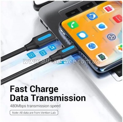 ���� ������ USB 2.0 AM to USB-C 1.5m 3A black Vention (COKBG)